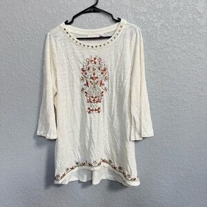 Belle Kim Gravel Embroidered Cream Tunic Top size large